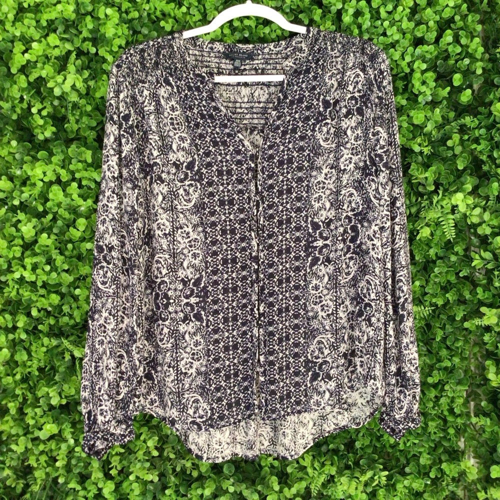 Lucky Brand Black Cream Long Sleeve Mandarin Collar Blouse
